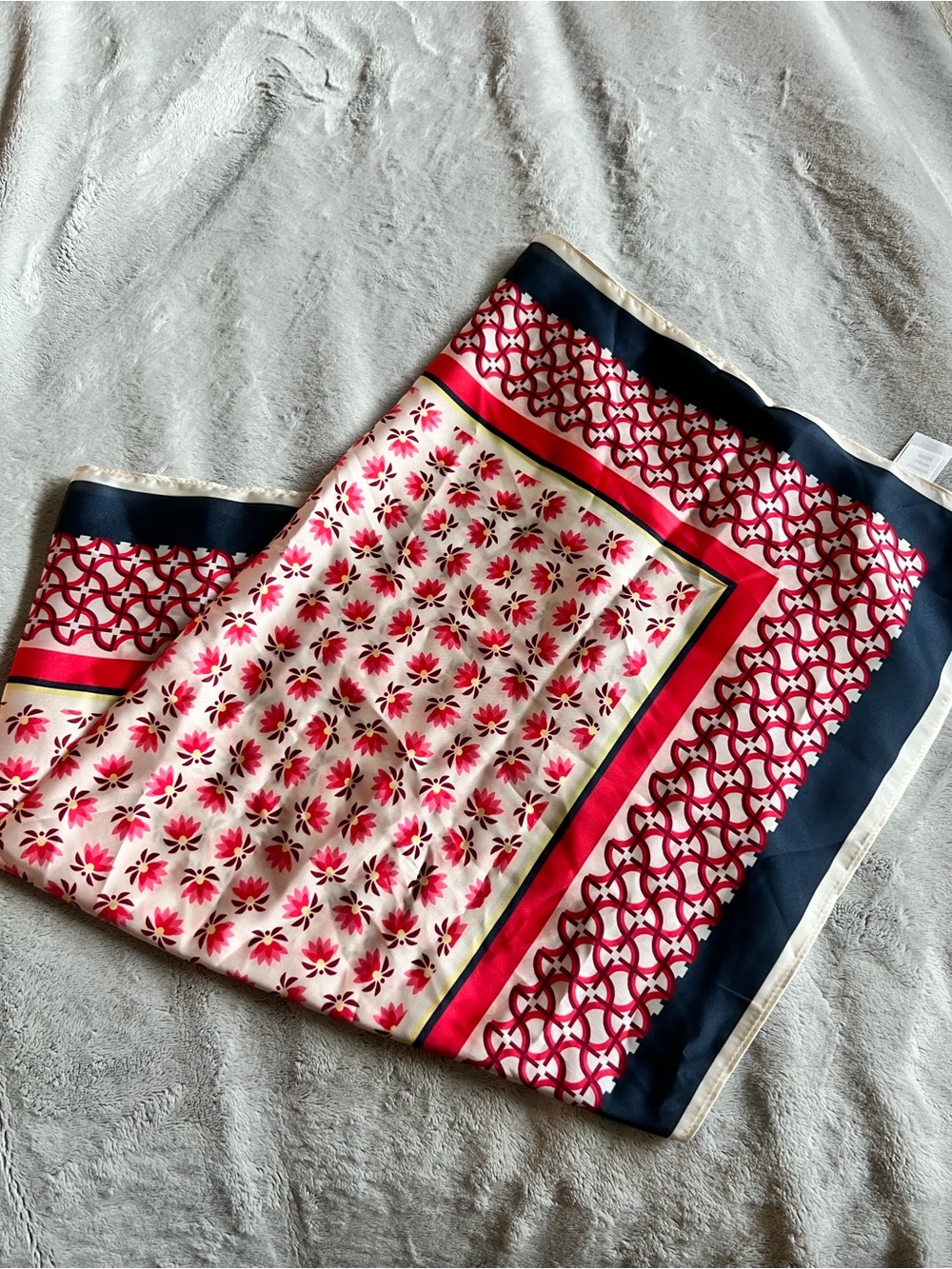 Treasure & Bond Floral Geometric Silk-Feel Scarf in Red, Navy & Cream